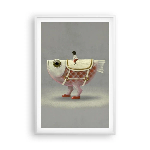 Poster in einem weißen Rahmen - Reiter auf einem surrealen Fisch - 61x91 cm