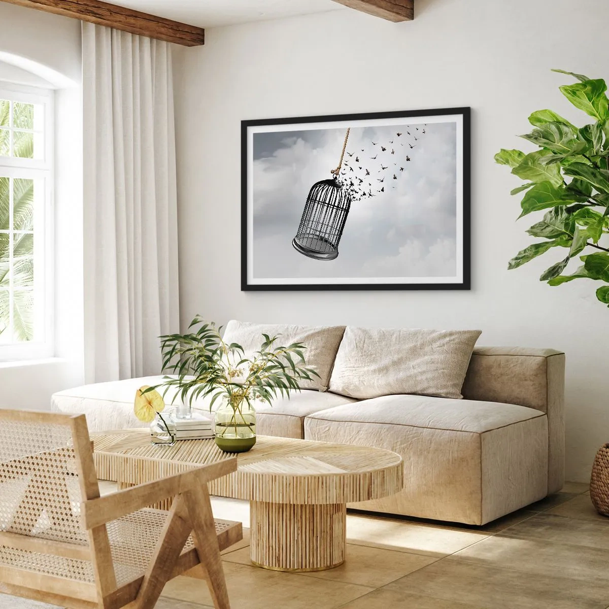 Poster in einem schwarzem Rahmen - Vögel fliegen aus einem Käfig gegen den Himmel - 70x50cm - Glaube ... Hoffnung ... Freiheit! - Moderne Wanddekoration für Wohnzimmer und Schlafzimmer ARTTOR