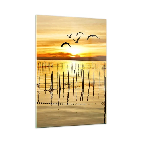 Glasbild - Bild auf glas - Sonnenuntergang über einem See mit Vögeln und Fischernetzen - 50x70cm - In der Fischerei - Moderne Wanddekoration für Wohnzimmer und Schlafzimmer ARTTOR