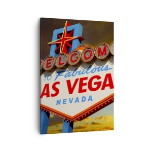 Bild auf Leinwand - Leinwandbild - Das berühmte Schild „Welcome to Fabulous Las Vegas“ bei Sonnenuntergang - 50x70cm - Für ein Lächeln des Schicksals - Moderne Wanddekoration für Wohnzimmer und Schlafzimmer ARTTOR