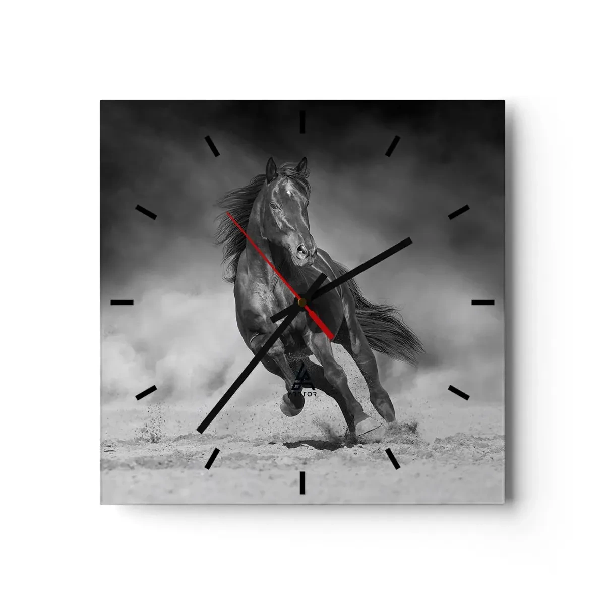 Wanduhr - Glasuhr - Ein schwarz-weißes Pferd galoppiert über den Sand - 30x30cm - Würdig des Emirs selbst - Moderne Wanddekoration für Wohnzimmer und Schlafzimmer ARTTOR