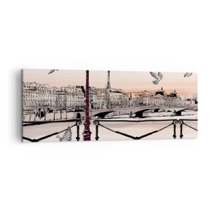 Bild auf Leinwand - Leinwandbild - Pariser Ansicht mit einer Laterne und einer Brücke - 140x50cm - Über den Dächern von Paris - Moderne Wanddekoration für Wohnzimmer und Schlafzimmer ARTTOR