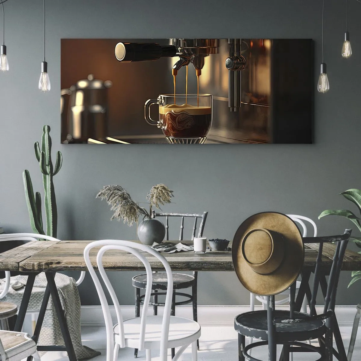 Bild auf Leinwand - Leinwandbild - Kaffeemaschine mit einer Tasse aromatischem Espresso - 140x50cm - Sinnliche Mischung - Moderne Wanddekoration für Wohnzimmer und Schlafzimmer ARTTOR