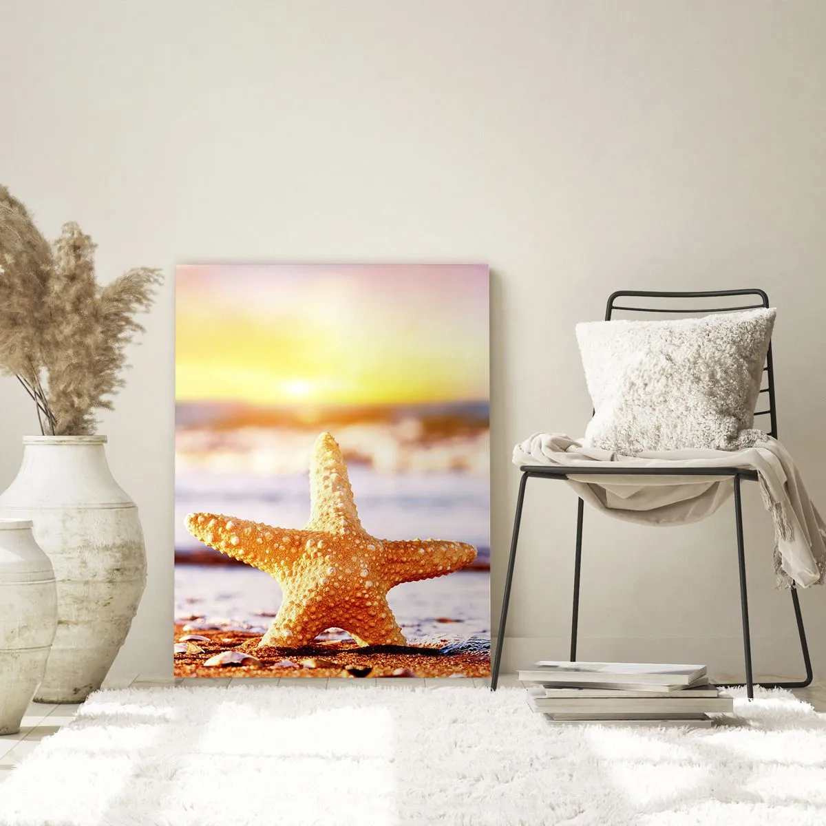 Glasbild - Bild auf glas - Seesterne am Strand im Licht der untergehenden Sonne - 50x70cm - Meer Geschenk - Moderne Wanddekoration für Wohnzimmer und Schlafzimmer ARTTOR