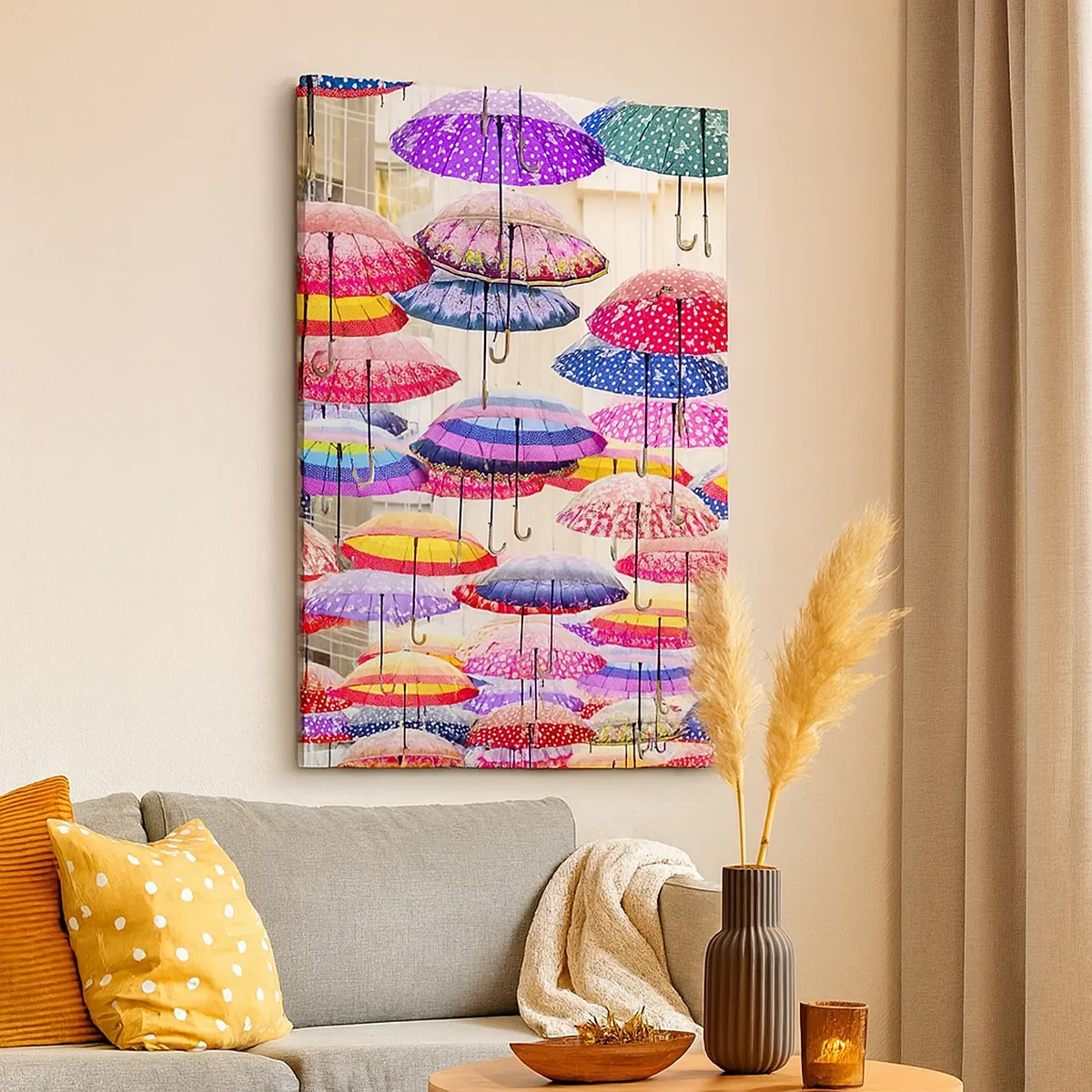 Bild auf Leinwand - Leinwandbild - Bunte Regenschirme schweben in der Luft - 50x70cm - Stadtwiese - Moderne Wanddekoration für Wohnzimmer und Schlafzimmer ARTTOR