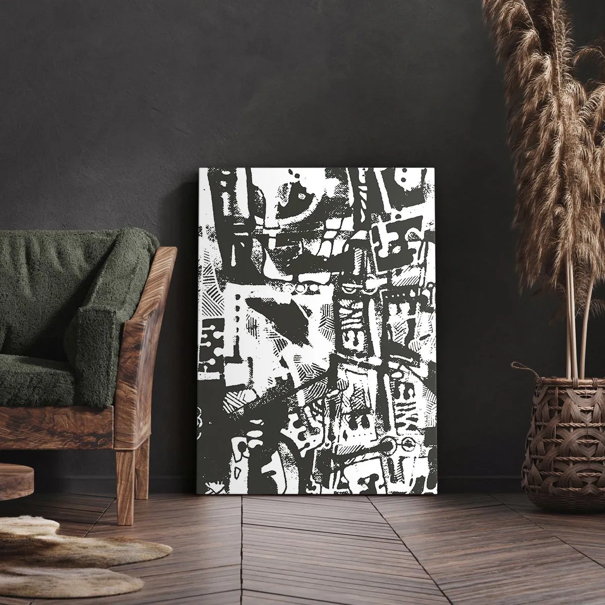 Bild auf Leinwand - Leinwandbild - Abstraktes monochromes Retro-Muster - 70x100cm - Ordnung oder Chaos? - Moderne Wanddekoration für Wohnzimmer und Schlafzimmer ARTTOR