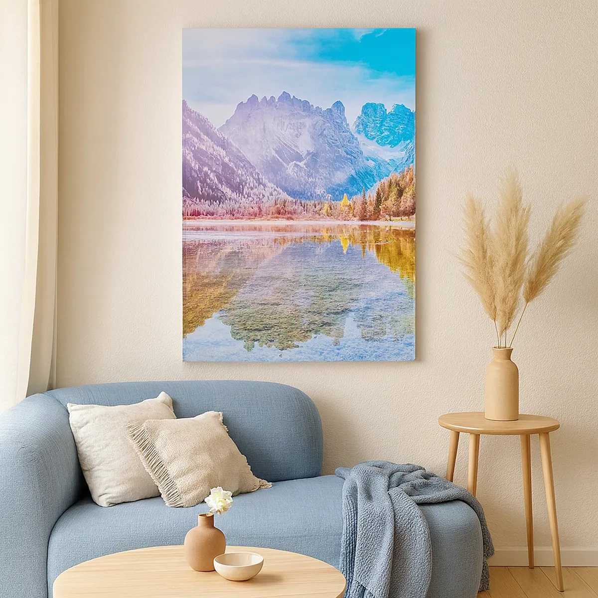Bild auf Leinwand - Leinwandbild - Herbstliche Berglandschaft mit See - 50x70cm - Und in den Bergen ist es schon Herbst - Moderne Wanddekoration für Wohnzimmer und Schlafzimmer ARTTOR