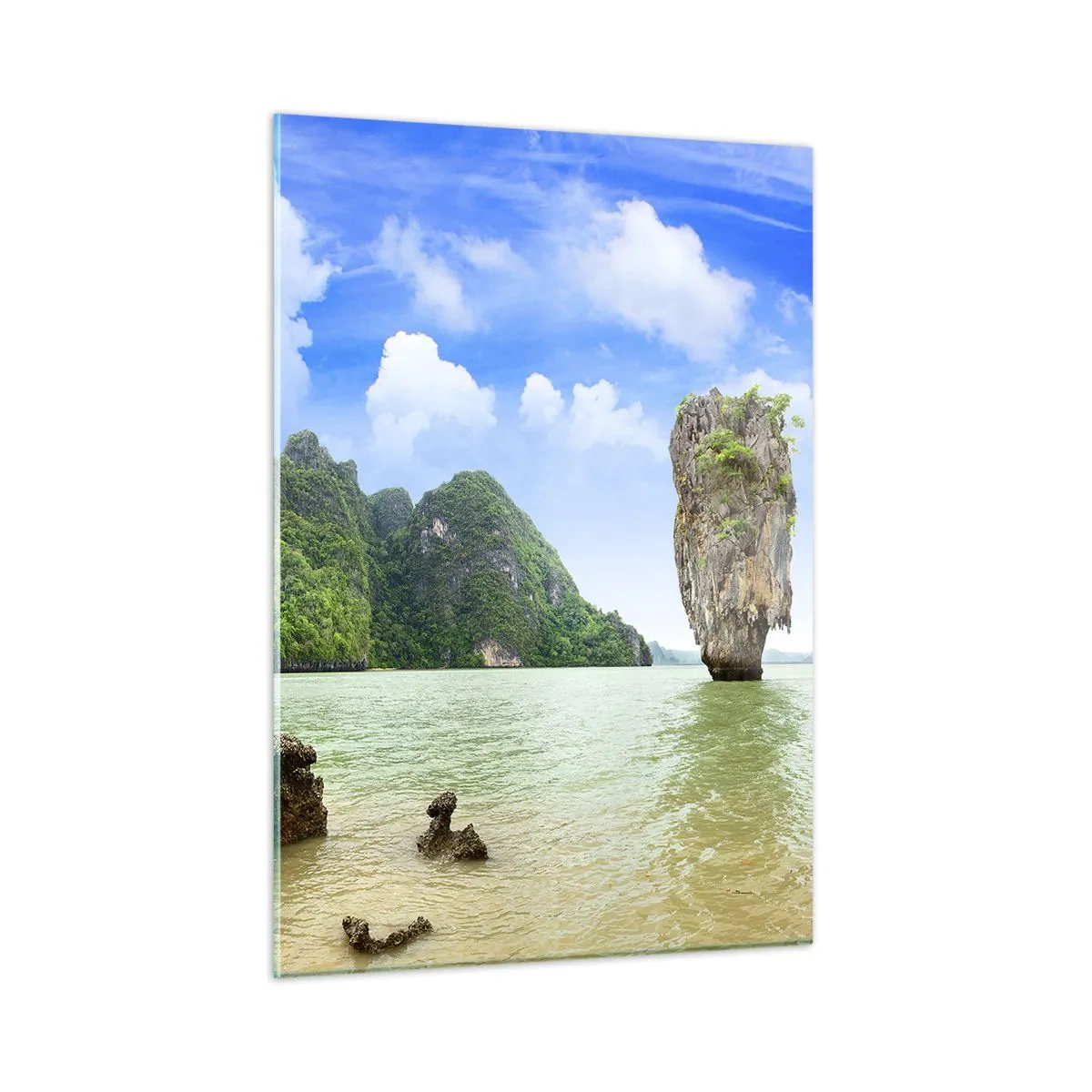 Glasbild - Bild auf glas - Ein Felsen im Wasser, umgeben von tropischen Inseln - 50x70cm - Felsige Wunder der Natur - Moderne Wanddekoration für Wohnzimmer und Schlafzimmer ARTTOR