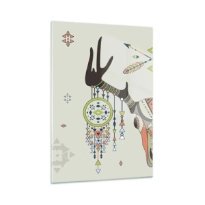 Glasbild - Bild auf glas - Symbolische Hörner und indianische Muster auf hellem Hintergrund - 50x70cm - Indische Jägertrophäe - Moderne Wanddekoration für Wohnzimmer und Schlafzimmer ARTTOR