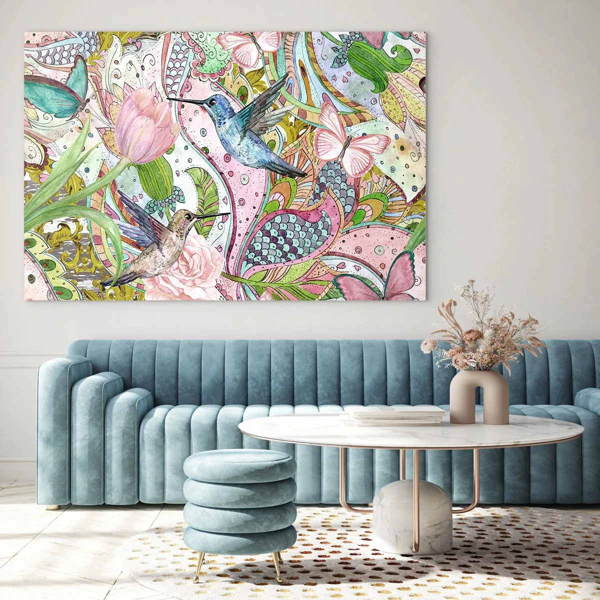 Glasbild - Bild auf glas - Bunte Kolibris zwischen Blumen und Schmetterlingen - 100x70cm - Verstrickt in Weinreben - Moderne Wanddekoration für Wohnzimmer und Schlafzimmer ARTTOR