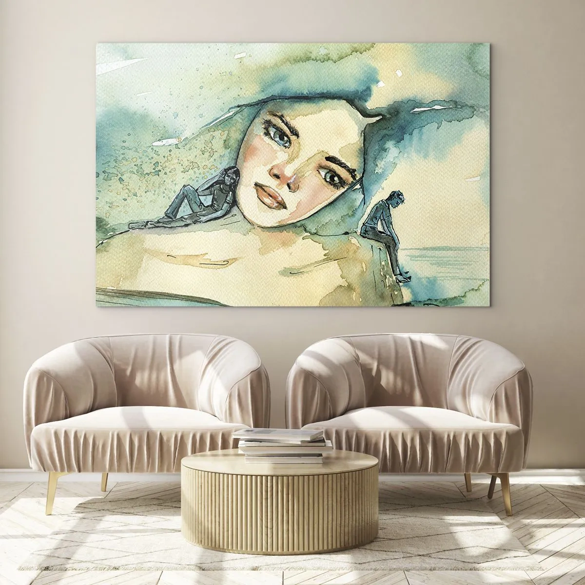 Glasbild - Bild auf glas - Porträt einer Frau im Aquarellstil mit Silhouetten von Figuren - 120x80cm - Bin ich blau? - Moderne Wanddekoration für Wohnzimmer und Schlafzimmer ARTTOR