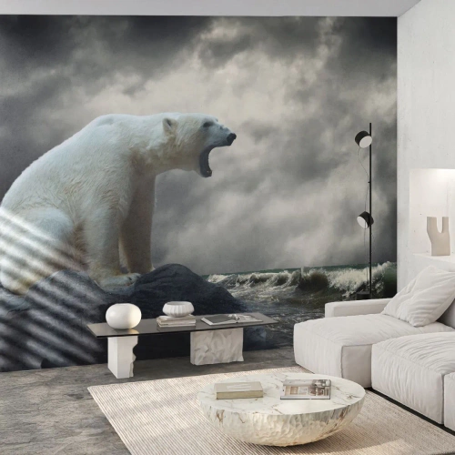Fototapete Premium Sand - Ein Eisbär brüllt vor einem stürmischen Himmel. - 100x70cm - Der einsame König der Arktis - Moderne Wanddekoration für Wohnzimmer und Schlafzimmer ARTTOR