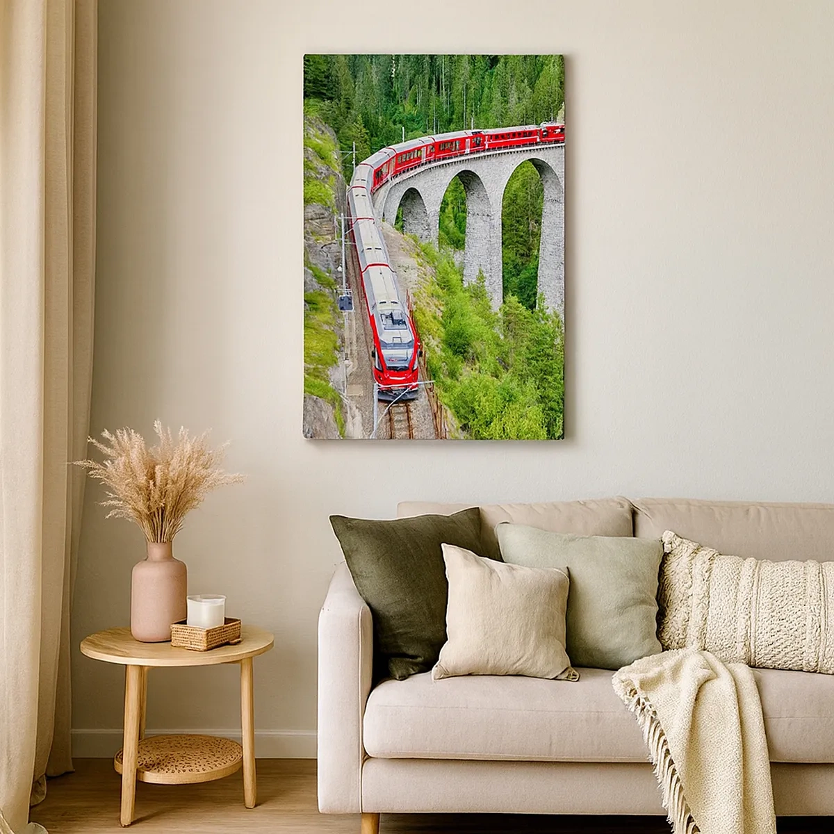 Bild auf Leinwand - Leinwandbild - Ein Zug auf einem malerischen Viadukt in einer Berglandschaft - 50x70cm - Eisenbahn für Bergblick - Moderne Wanddekoration für Wohnzimmer und Schlafzimmer ARTTOR