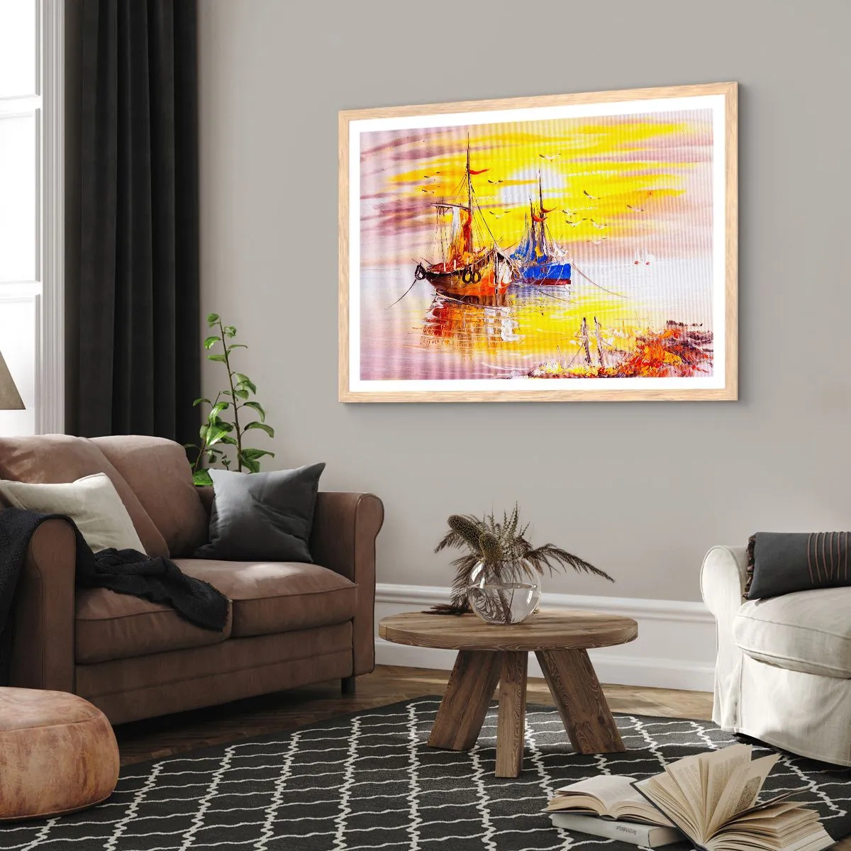 Poster in einem Rahmen aus heller Eiche - Eine wohlverdiente Pause im Hafen - 100x70 cm
