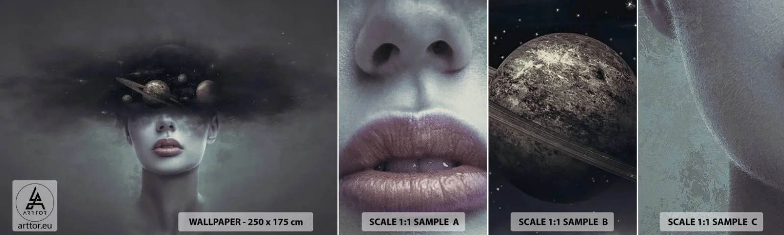 Fototapeten Muster Selbstklebend Deluxe Sticker - Und die Planeten spielen verrückt ... - Abstraktion, Das Gesicht einer Frau, Kosmos - 100x30 cm