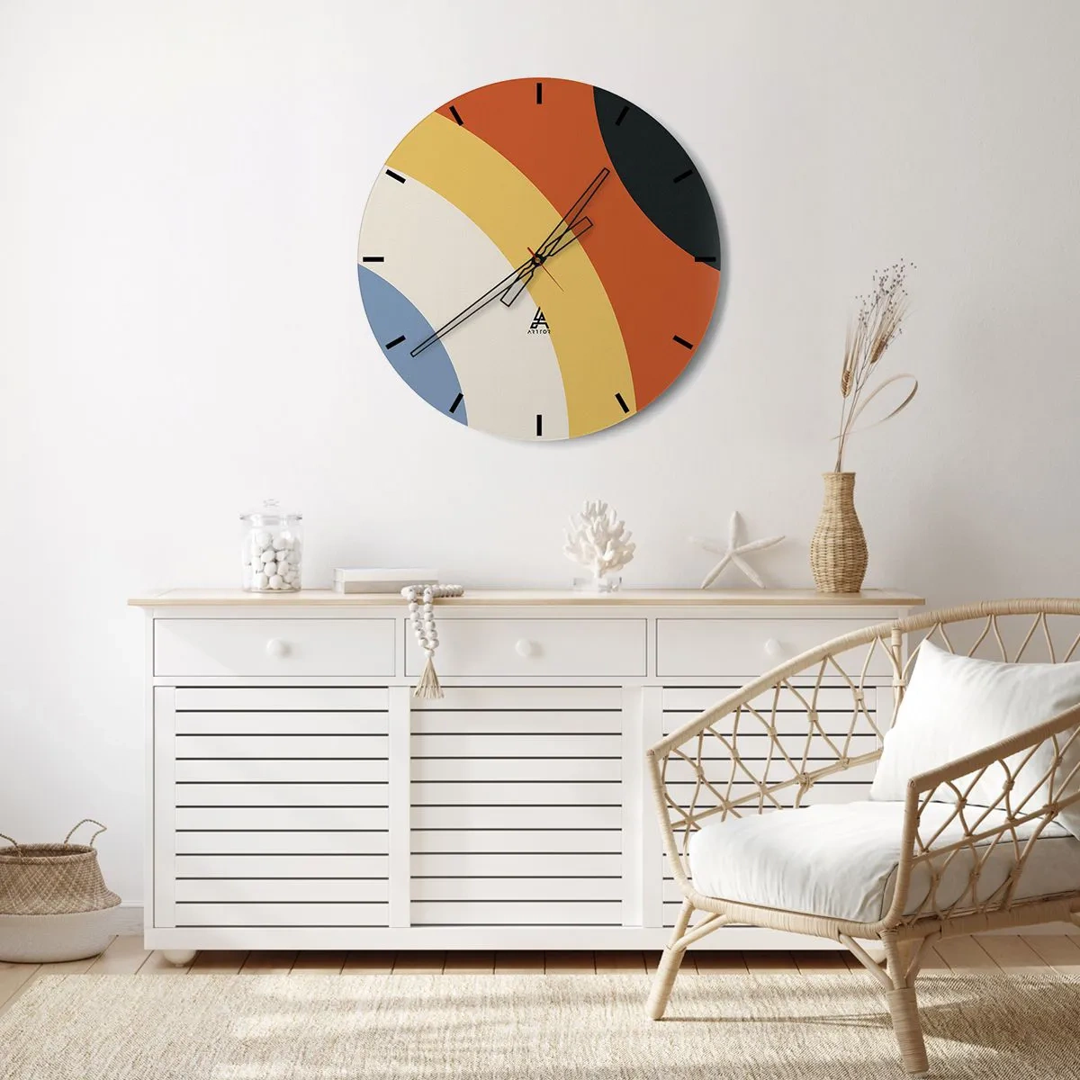 Wanduhr - Glasuhr - Geometrische Bögen in Orange-, Beige- und Blautönen - 30x30cm - Zu mir selbst - Moderne Wanddekoration für Wohnzimmer, Küche und Schlafzimmer ARTTOR