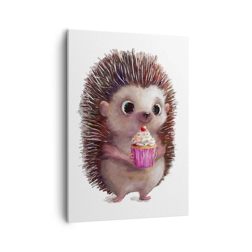 Bild auf Leinwand - Leinwandbild - Ein süßer Igel mit einem Cupcake - 50x70cm - Der Feiertag ist jeden Tag - Moderne Wanddekoration für Wohnzimmer und Schlafzimmer ARTTOR