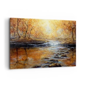 Bild auf Leinwand - Leinwandbild - Herbstlandschaft mit einem Fluss zwischen den Bäumen - 120x80cm - Der goldene Strom - Moderne Wanddekoration für Wohnzimmer und Schlafzimmer ARTTOR