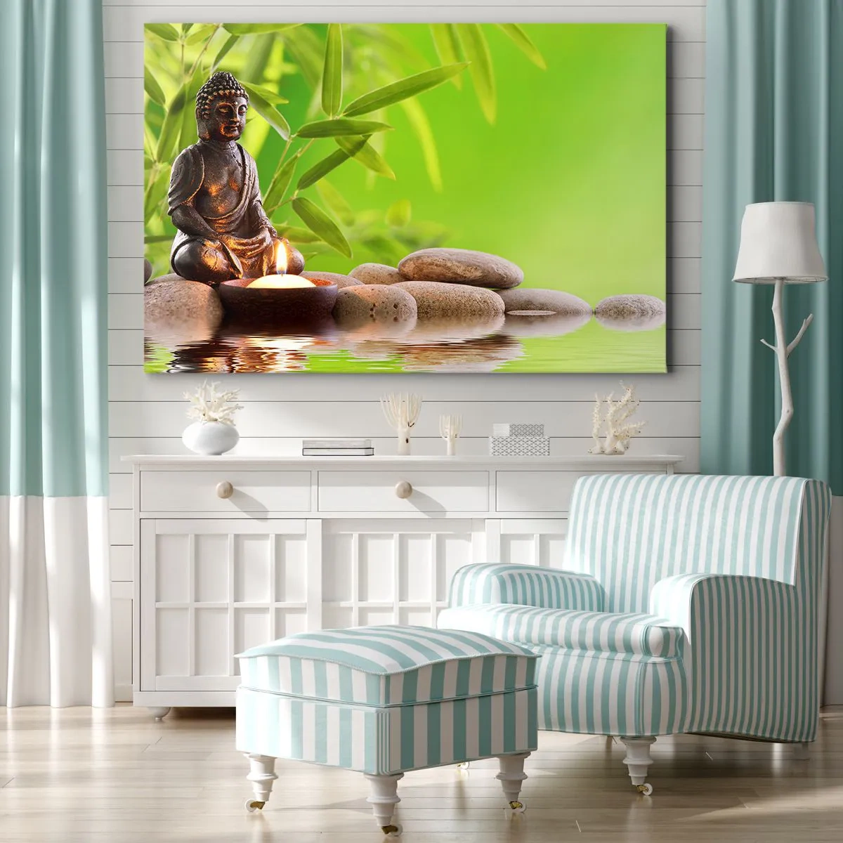 Bild auf Leinwand - Leinwandbild - Buddha-Figur mit Steinen und einer Kerze vor Bambus-Hintergrund - 70x50cm - Das Leben ist wunderschoen - Moderne Wanddekoration für Wohnzimmer und Schlafzimmer ARTTOR