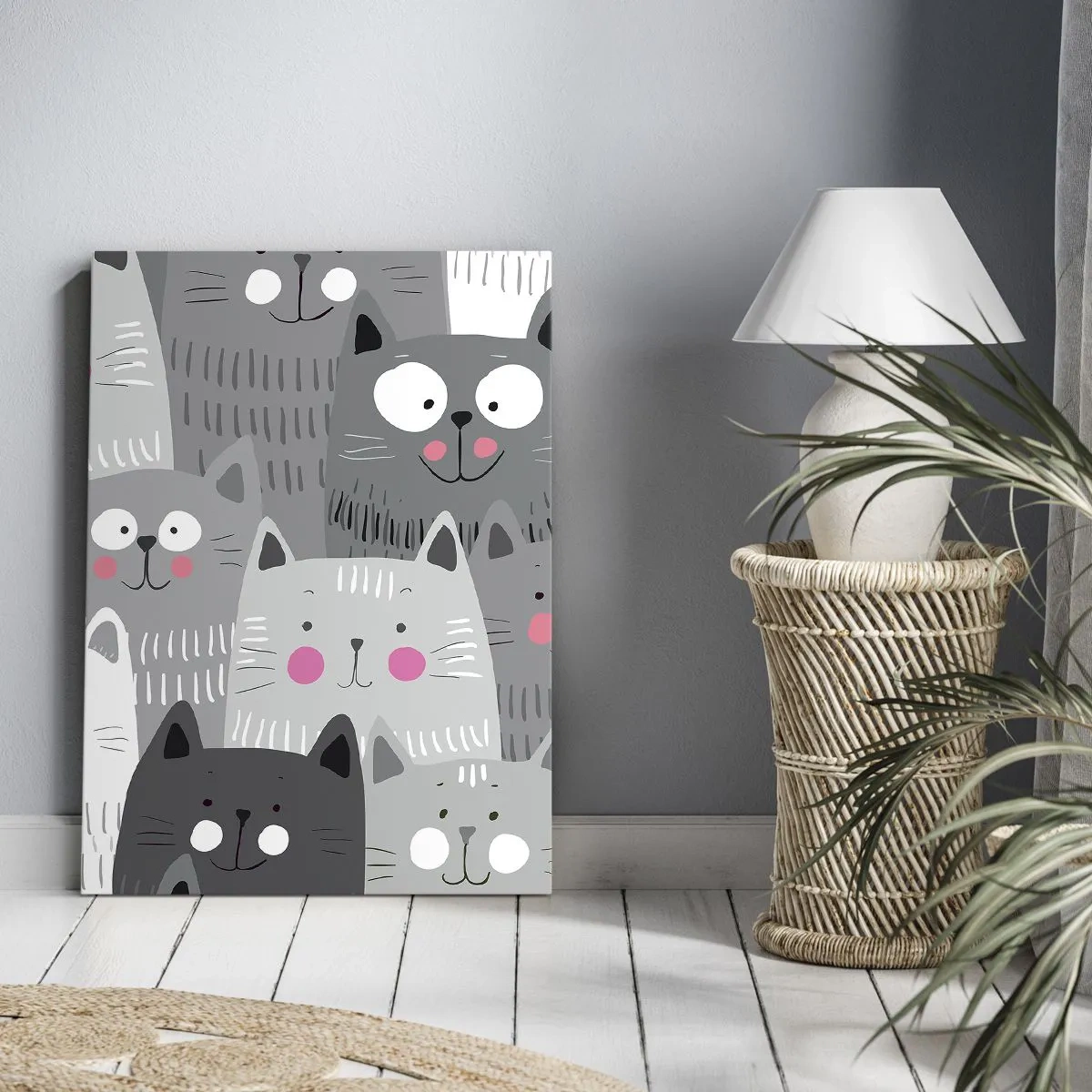 Bild auf Leinwand - Leinwandbild - Ein lustiges Muster mit Katzen in Grautönen - 80x120cm - Katzenwelt - Moderne Wanddekoration für Wohnzimmer und Schlafzimmer ARTTOR