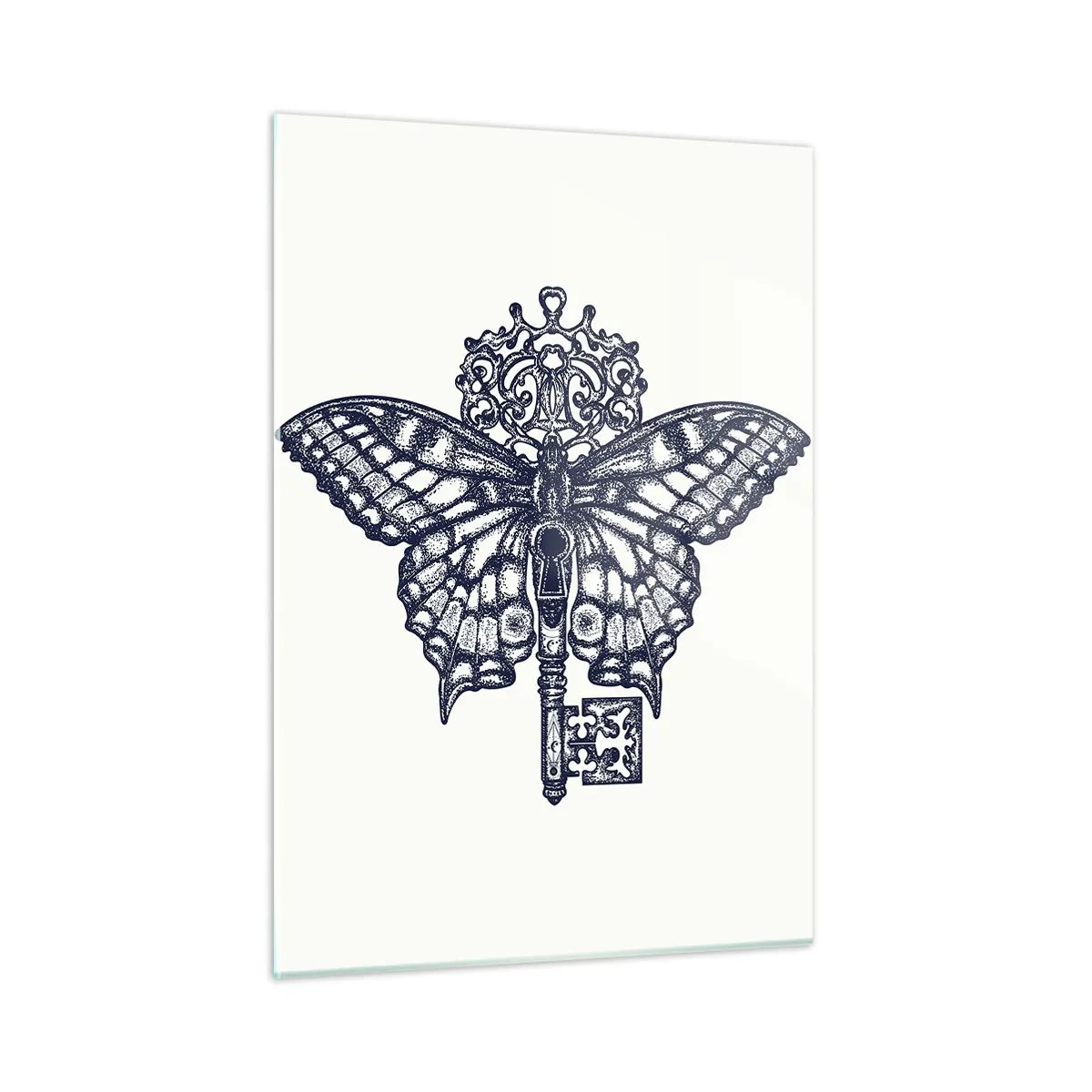 Glasbild - Bild auf glas - Abbildung eines Schmetterlings mit einem Schlüssel in der Mitte - 50x70cm - Alle Geheimnisse des Herzens - Moderne Wanddekoration für Wohnzimmer und Schlafzimmer ARTTOR