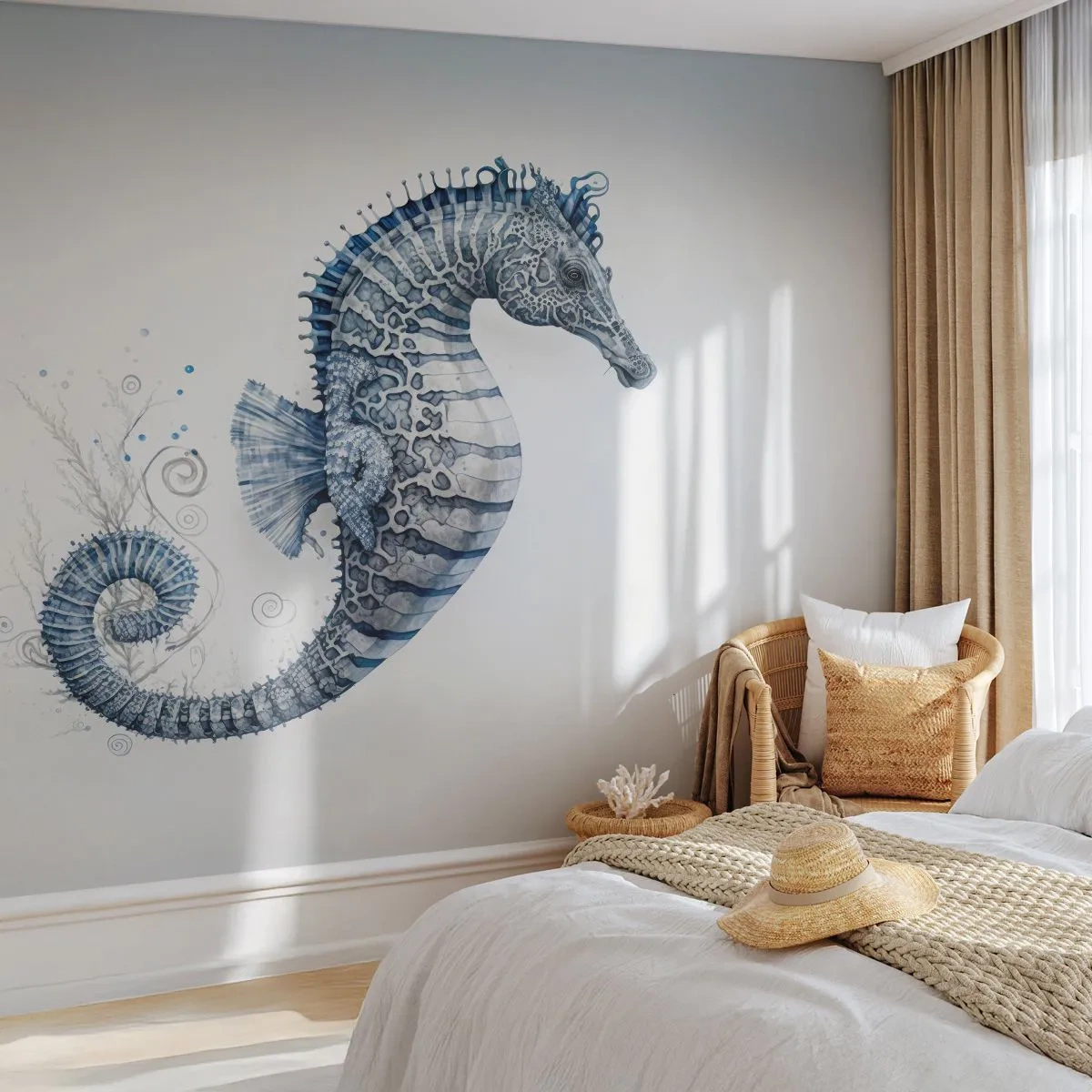 Fototapete Premium Sand - Dekoratives Seepferdchen in Blau- und Grautönen - 100x70cm - Subtiler Witz der Natur - Moderne Wanddekoration für Wohnzimmer und Schlafzimmer ARTTOR