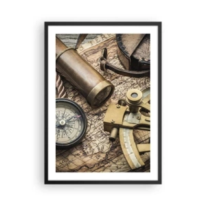 Poster in einem schwarzem Rahmen - Navigationsset mit Karte, Kompass und Sextant - 50x70cm - Setze Sie einen Kurs - Moderne Wanddekoration für Wohnzimmer und Schlafzimmer ARTTOR