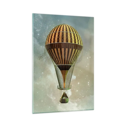 Glasbild - Bild auf glas - Ein Heißluftballon, der zwischen den Wolken schwebt - 80x120cm - Pionierflüge - Moderne Wanddekoration für Wohnzimmer und Schlafzimmer ARTTOR