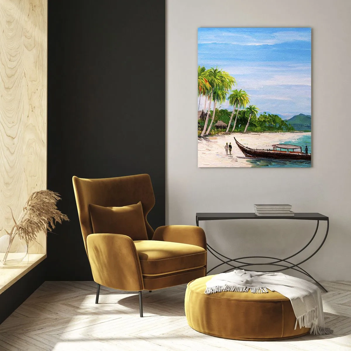 Glasbild - Bild auf glas - Tropischer Strand mit einem Boot und Palmen neben traditionellen Hütten - 50x70cm - Exotischer Traum - Moderne Wanddekoration für Wohnzimmer und Schlafzimmer ARTTOR
