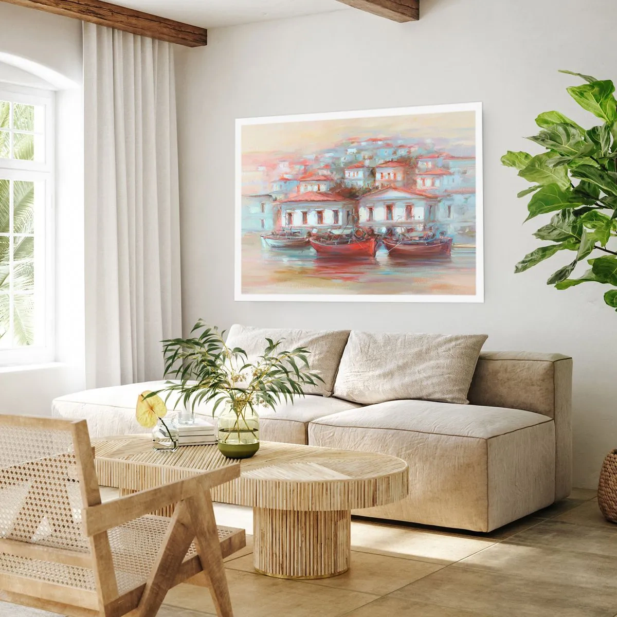 Poster - Bunte Boote und malerische Gebäude am Wasser in Pastelltönen - 100x70cm - Glückliche Stadt - Moderne Wanddekoration für Wohnzimmer und Schlafzimmer ARTTOR