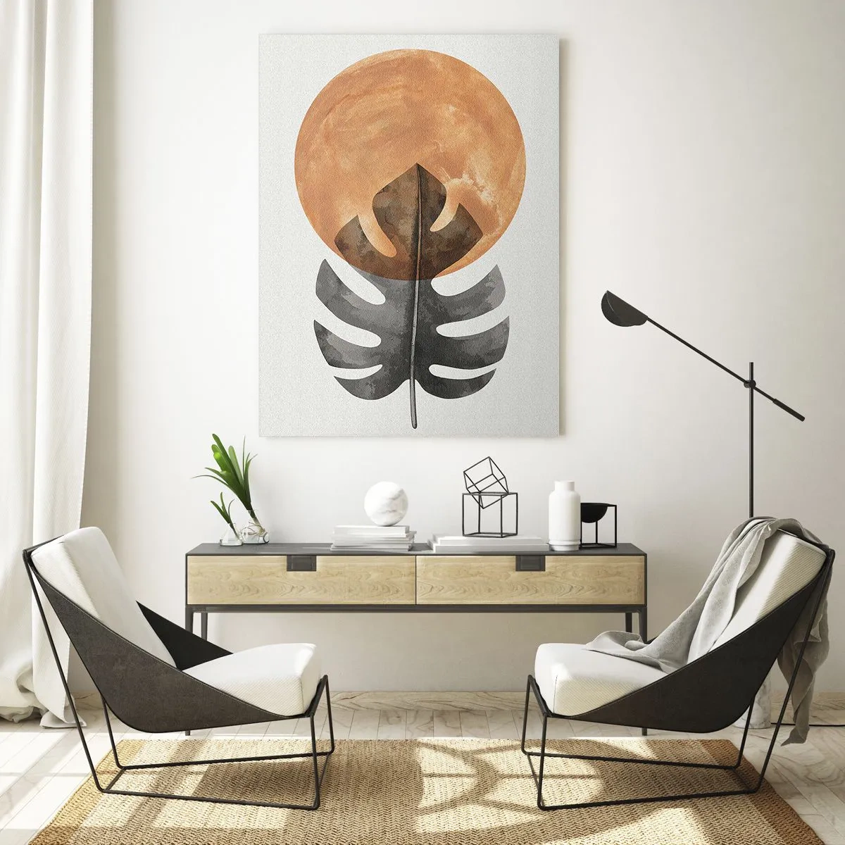 Glasbild - Bild auf glas - Monstera-Blatt und orangefarbener Kreis im Grafikstil auf weißem Hintergrund. - 50x70cm - Immer die Sonne - Moderne Wanddekoration für Wohnzimmer und Schlafzimmer ARTTOR
