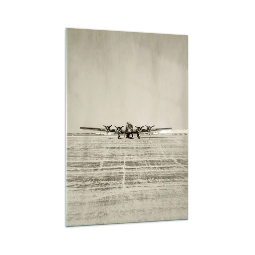 Glasbild - Bild auf glas - Historisches Flugzeug auf dem Flughafen in Sepia - 70x100cm - Wie immer bereit - Moderne Wanddekoration für Wohnzimmer und Schlafzimmer ARTTOR