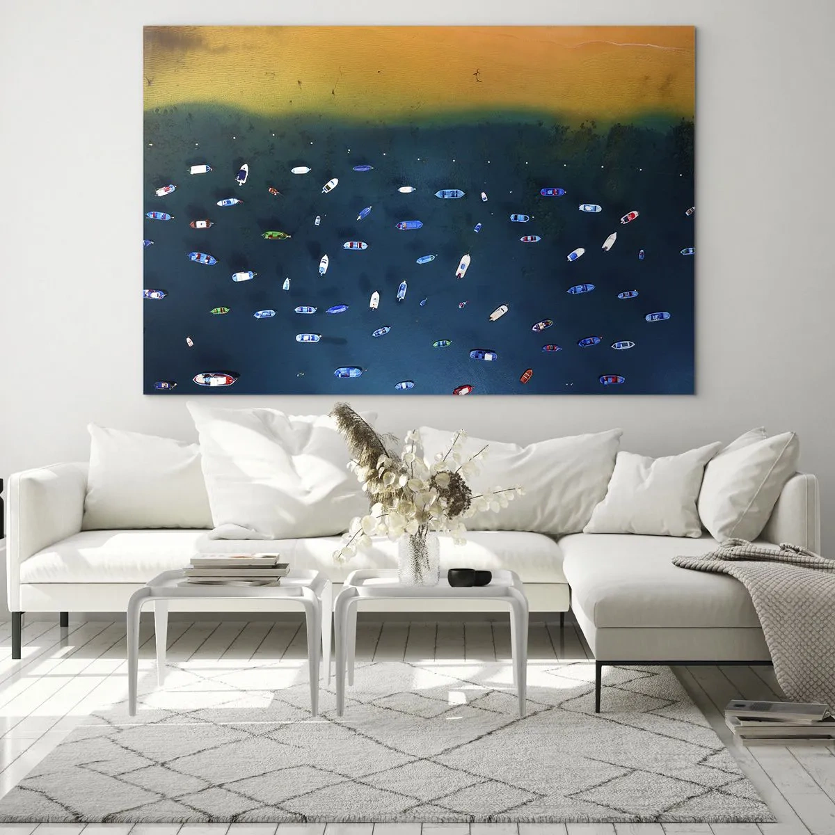 Glasbild - Bild auf glas - Boote vor der Kulisse von türkisfarbenem Wasser und einem goldenen Ufer - 100x70cm - Feiertagsspiel - Moderne Wanddekoration für Wohnzimmer und Schlafzimmer ARTTOR