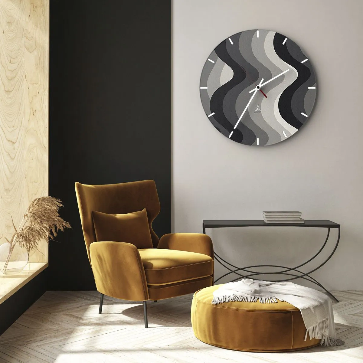 Wanduhr - Glasuhr - Wellenförmige Streifen in Grau- und Schwarztönen im grafischen Layout - 30x30cm - Eine Welle nach der anderen - Moderne Wanddekoration für Wohnzimmer, Küche und Schlafzimmer ARTTOR