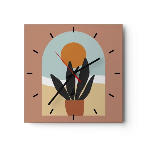 Wanduhr - Glasuhr - Eine schwarze Pflanze in einem Topf gegen die Sonne - 30x30cm - Kleine Freuden - Moderne Wanddekoration für Wohnzimmer und Schlafzimmer ARTTOR