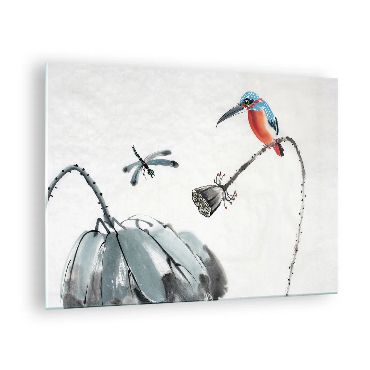 Glasbild - Bild auf glas - Illustration eines bunten Vogels und einer Libelle vor einem Hintergrund aus Vegetation - 70x50cm - Das Leben der Wiese - Moderne Wanddekoration für Wohnzimmer und Schlafzimmer ARTTOR