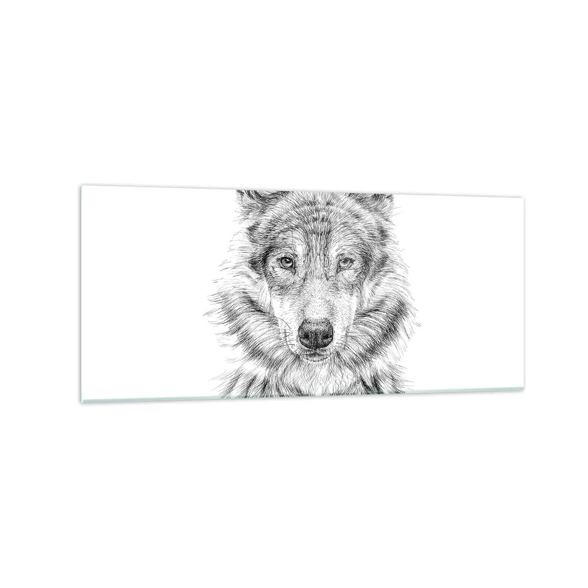 Glasbild - Bild auf glas - Skizze eines Wolfskopfes im monochromen Stil auf weißem Hintergrund - 120x50cm - Ein geborener Anführer - Moderne Wanddekoration für Wohnzimmer und Schlafzimmer ARTTOR