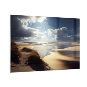 Glasbild - Bild auf glas - Ein wilder Strand, beleuchtet von den Sonnenstrahlen unter den Wolken - 100x70cm - Strand, wilder Strand - Moderne Wanddekoration für Wohnzimmer und Schlafzimmer ARTTOR