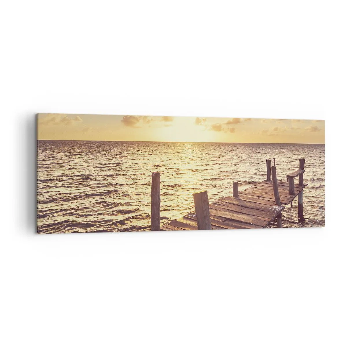 Bild auf Leinwand - Leinwandbild - Ein Holzsteg führt in Richtung Sonnenuntergang - 140x50cm - Das goldene Land der Sanftmut - Moderne Wanddekoration für Wohnzimmer und Schlafzimmer ARTTOR