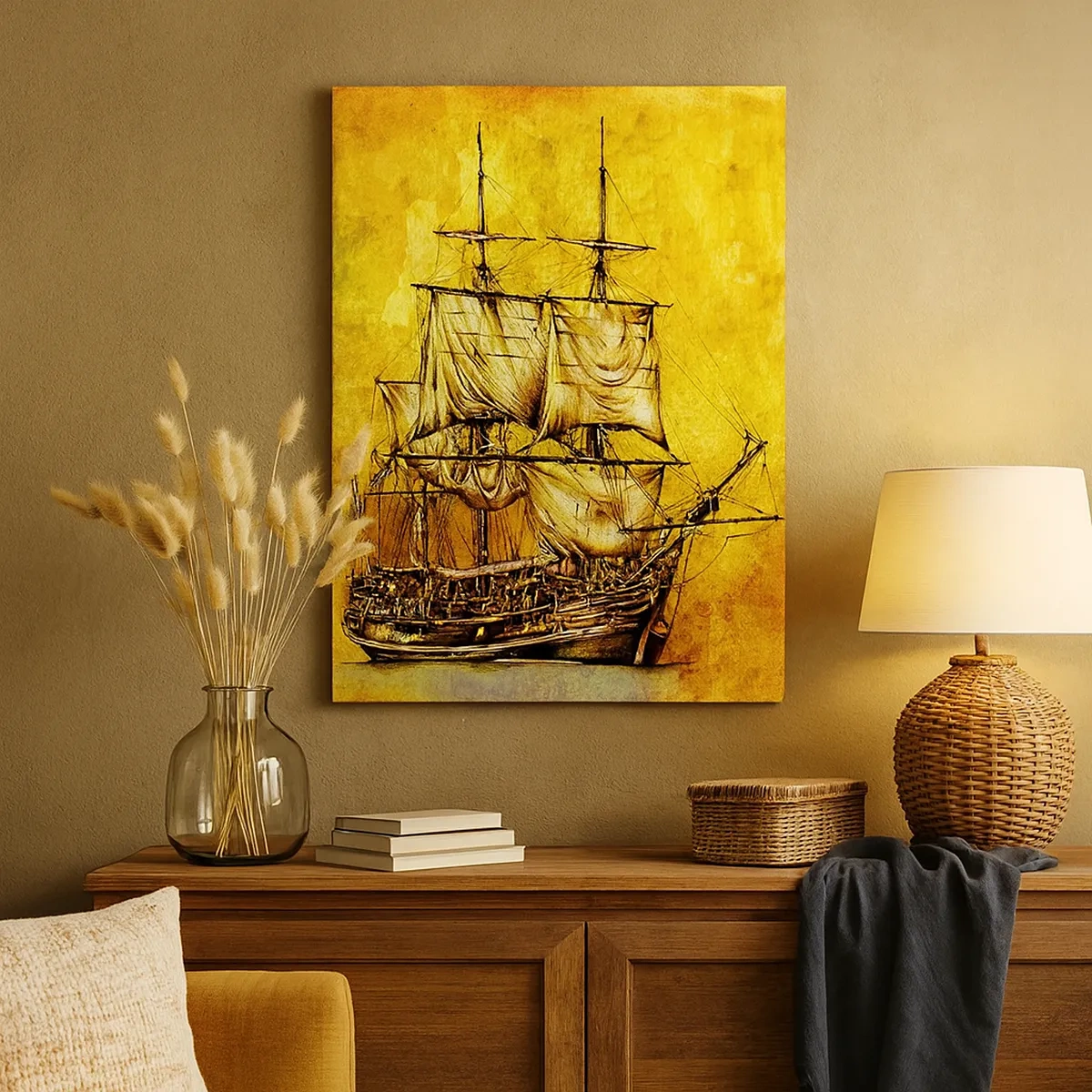Bild auf Leinwand - Leinwandbild - Eine stilisierte Zeichnung eines Segelschiffs auf goldenem Hintergrund mit Vintage-Feeling. - 50x70cm - Richtung Tortuga! - Moderne Wanddekoration für Wohnzimmer und Schlafzimmer ARTTOR