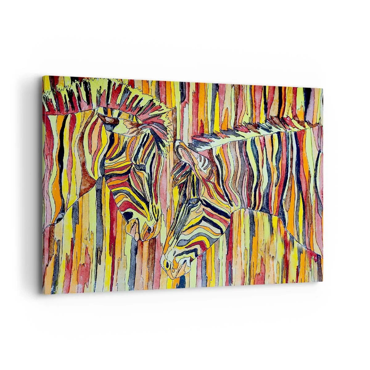 Bild auf Leinwand - Leinwandbild - Bunte Zebras vor einem Hintergrund aus abstrakten Streifen - 100x70cm - Also du auch... - Moderne Wanddekoration für Wohnzimmer und Schlafzimmer ARTTOR