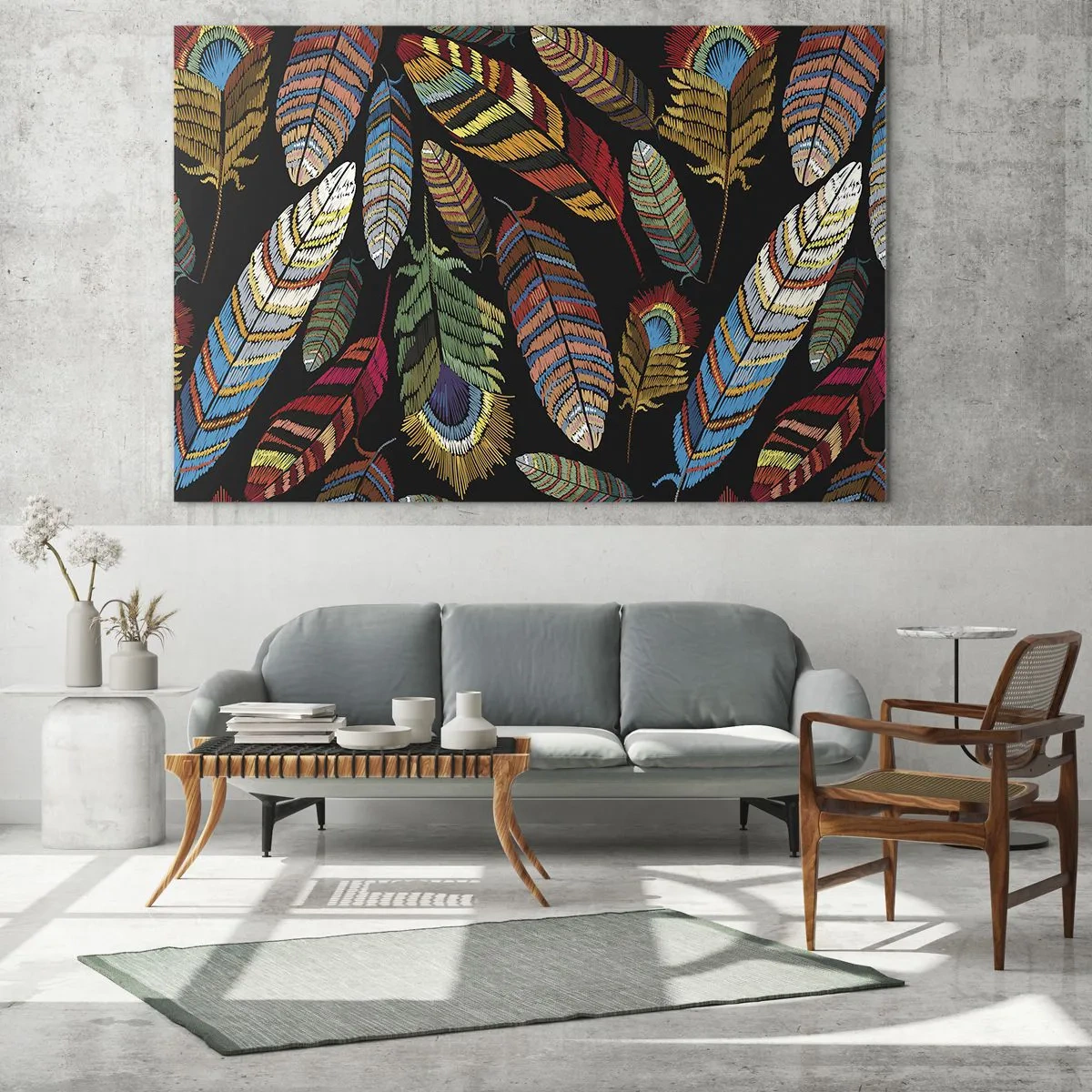 Glasbild - Bild auf glas - Bunte Federn auf dunklem Hintergrund in einem künstlerischen Muster - 100x70cm - Der Vogelkarneval - Moderne Wanddekoration für Wohnzimmer und Schlafzimmer ARTTOR