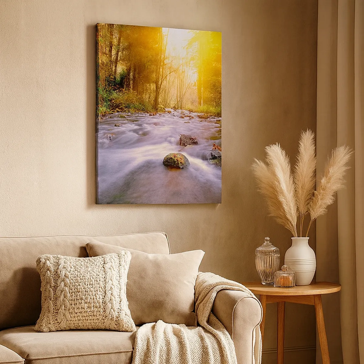 Bild auf Leinwand - Leinwandbild - Ein Waldbach, beleuchtet von den Sonnenstrahlen - 50x70cm - Malachit im Silber- und Goldrahmen - Moderne Wanddekoration für Wohnzimmer und Schlafzimmer ARTTOR