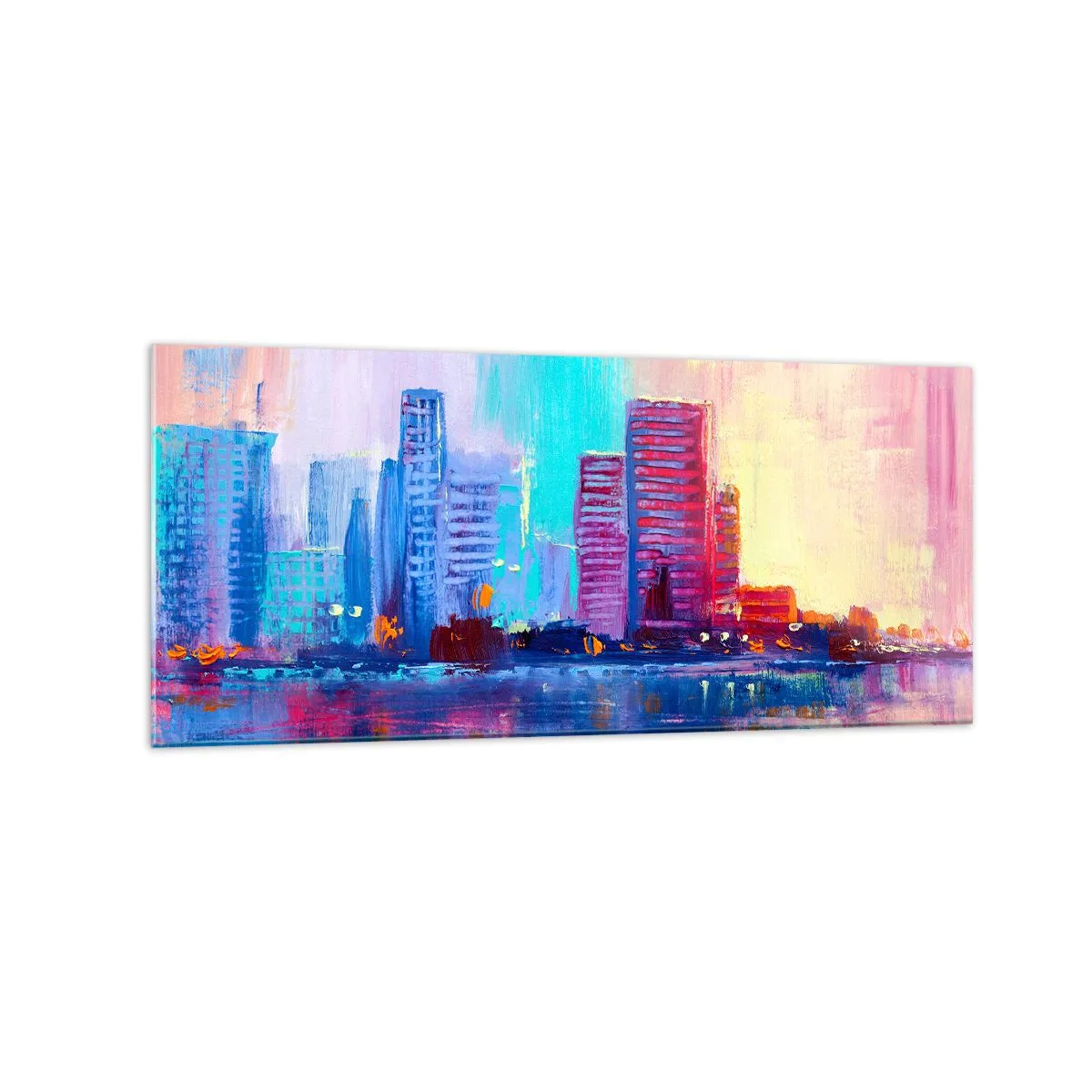 Glasbild - Bild auf glas - Ein farbenfrohes Panorama der Stadt im Aquarellstil - 120x50cm - In Farben getaucht - Moderne Wanddekoration für Wohnzimmer und Schlafzimmer ARTTOR