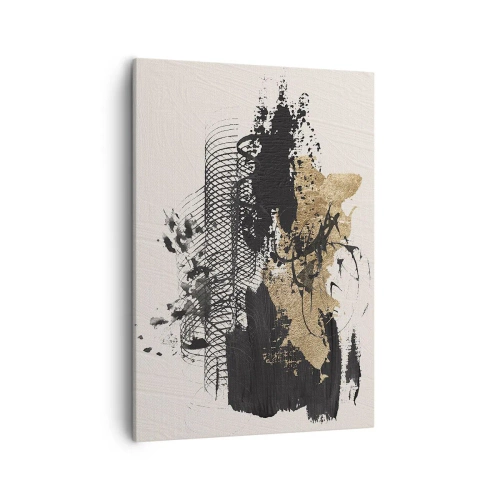 Bild auf Leinwand - Leinwandbild - Ein abstraktes Gemälde in Schwarz und Gold mit dynamischen Linien und Strukturen. - 50x70cm - Komposition mit Leidenschaft - Moderne Wanddekoration für Wohnzimmer und Schlafzimmer ARTTOR