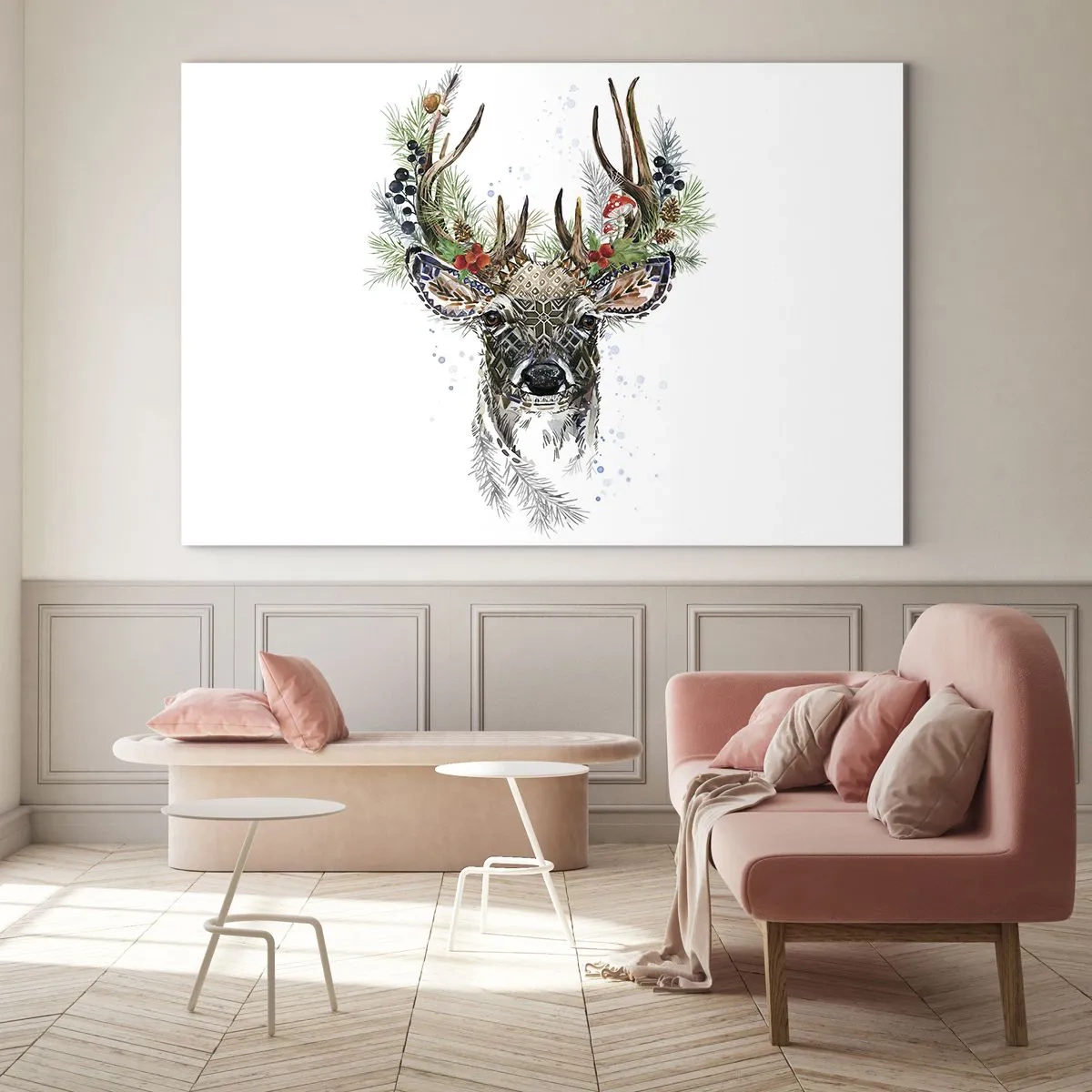 Glasbild - Bild auf glas - Porträt eines Hirsches mit Weihnachtsschmuck, Zweigen und Beeren - 70x50cm - Im festlichen Gewand - Moderne Wanddekoration für Wohnzimmer und Schlafzimmer ARTTOR