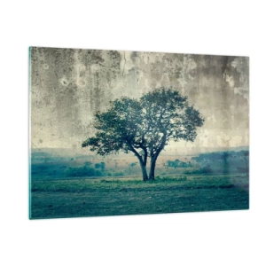 Glasbild - Bild auf glas - Ein einsamer Baum in einer Vintage-Landschaft - 120x80cm - Ein Apfelbaum auf blauem Feld? - Moderne Wanddekoration für Wohnzimmer und Schlafzimmer ARTTOR