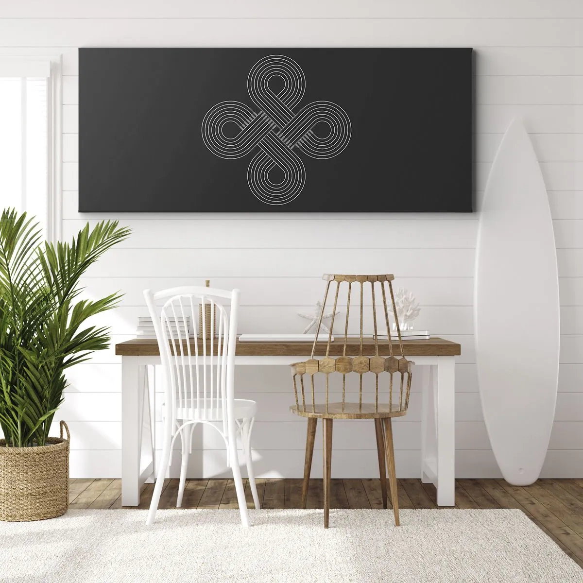 Bild auf Leinwand - Leinwandbild - Keltisches Muster im minimalistischen Stil auf schwarzem Hintergrund - 140x50cm - Im keltischen Geist - Moderne Wanddekoration für Wohnzimmer und Schlafzimmer ARTTOR