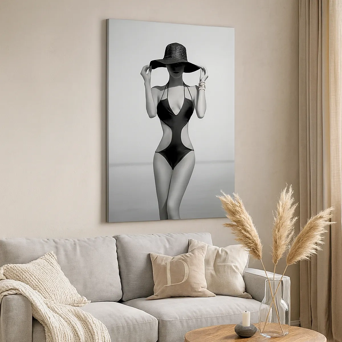 Bild auf Leinwand - Leinwandbild - Schwarz-weiße Silhouette einer Frau mit Hut vor dem Meereshintergrund - 50x70cm - Mein Name ist: Eleganz - Moderne Wanddekoration für Wohnzimmer und Schlafzimmer ARTTOR