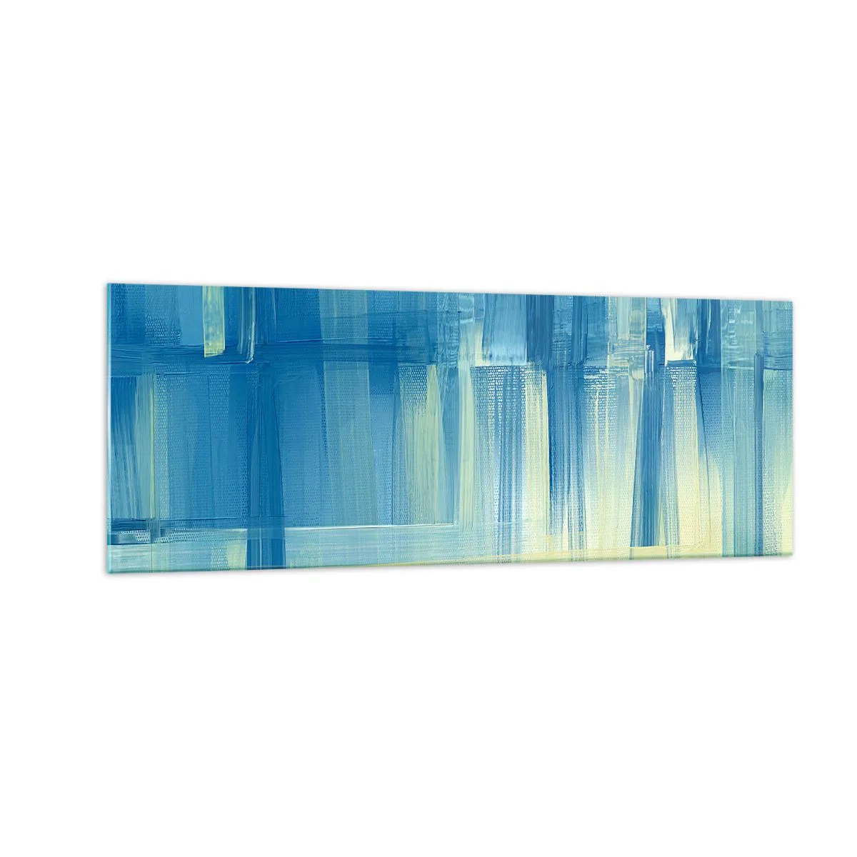 Glasbild - Bild auf glas - Ein abstraktes Gemälde in Türkis- und Blautönen mit geometrischen Pinselstrichen. - 140x50cm - Komposition in Türkis - Moderne Wanddekoration für Wohnzimmer und Schlafzimmer ARTTOR